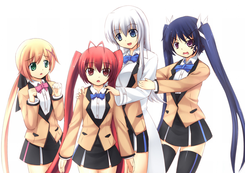 4girls antenna_hair blonde_hair blue_eyes blue_hair bow bowtie genderswap green_eyes hair_ornament labcoat long_hair mitsuka_souji multiple_girls ore_twintail_ni_narimasu pink_eyes red_eyes red_hair school_uniform shindou_erina silver_hair simple_background skirt srwsrx_(gp03dsrx) tail_blue tail_red tailblue tailred thighhighs tsube_aika twintails twoearle very_long_hair