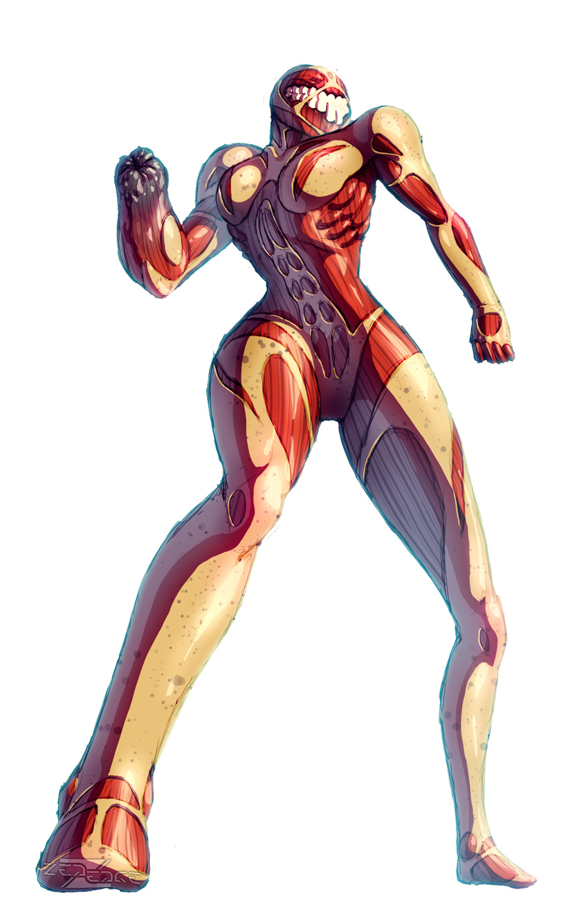 absurdres arm_cannon breasts crossover exposed_muscle female_titan full_body fusion highres md5_mismatch medium_breasts metroid power_suit resized samus_aran shingeki_no_kyojin solo transparent_background upscaled varia_suit weapon zededge