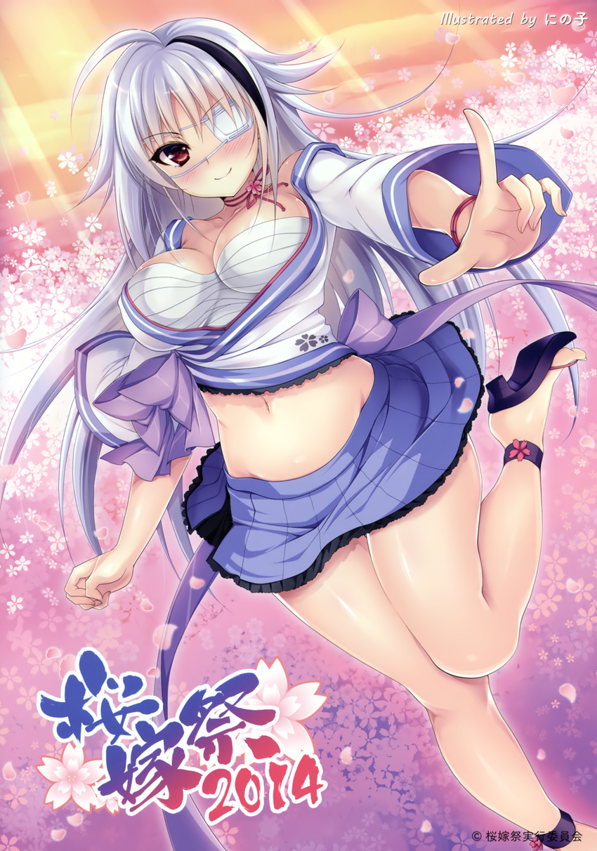 absurdres ahoge blue_skirt blush breasts brown_eyes cherry_blossoms eyepatch grey_hair high_heels highres index_finger_raised large_breasts leg_up looking_at_viewer ninoko open_clothes open_shirt pleated_skirt sarashi shirt skirt skirt_lift smile solo standing wristband