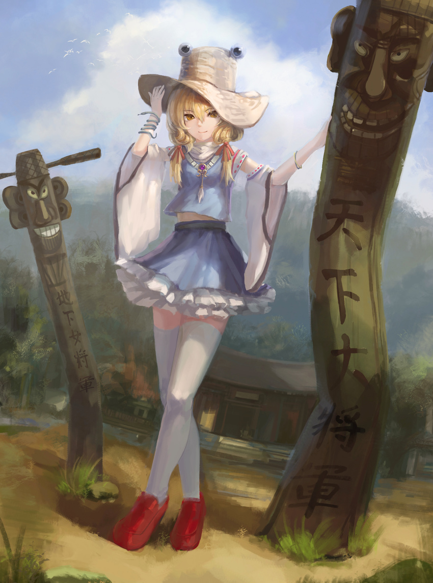 absurdres adapted_costume bird blonde_hair blue_sky bracelet brooch cloud crossed_legs day detached_sleeves forest frilled_skirt frills full_body hair_ribbon highres jangseung jewelry korea loafers looking_at_viewer magician_(china) midriff miniskirt moriya_suwako mountain nature outdoors red_footwear revision ribbon ribbon-trimmed_sleeves ribbon_trim shoes shrine skirt sky smile snake solo thighhighs totem_pole touhou tress_ribbon turtleneck white_legwear yellow_eyes zettai_ryouiki