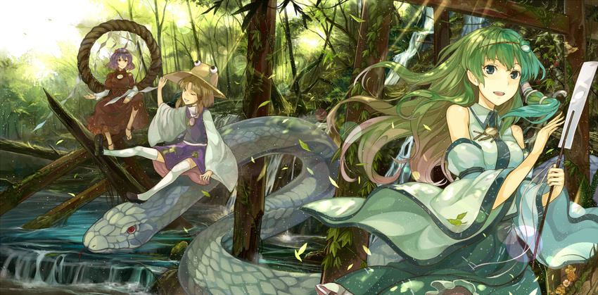 album_cover bare_shoulders blonde_hair cover detached_sleeves dress forest frog_hair_ornament giant_snake green_eyes green_hair hair_ornament hat kazabana_fuuka kochiya_sanae long_sleeves moriya_suwako multiple_girls nature one_eye_closed open_mouth purple_hair red_dress revision river rope shimenawa shirt short_over_long_sleeves short_sleeves skirt smile snake_hair_ornament touhou wide_sleeves yasaka_kanako yellow_eyes