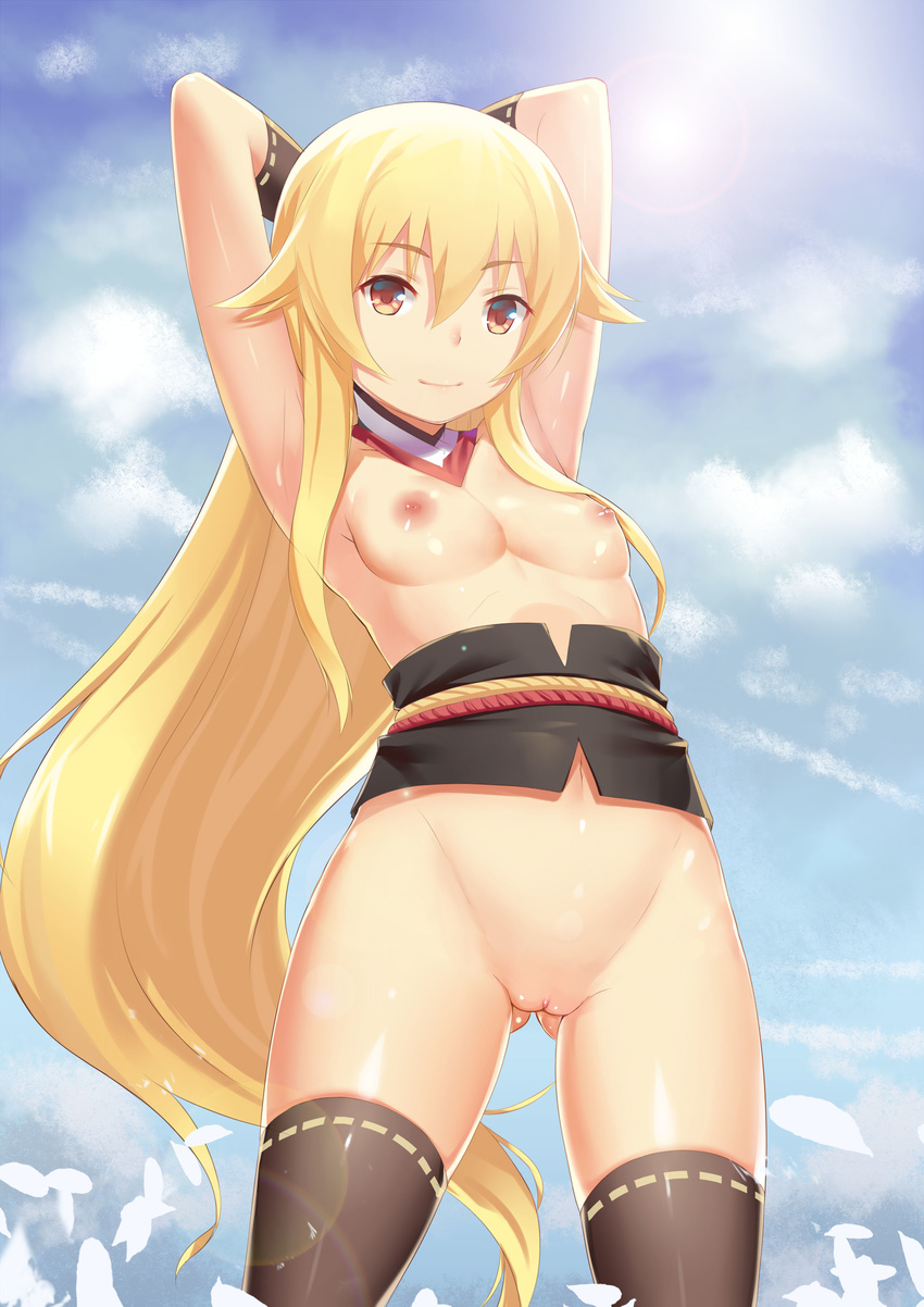 absurdres arms_behind_back arms_behind_head arms_up ashikaga_chachamaru bad_id bad_pixiv_id black_legwear blonde_hair breasts brown_eyes cloud condensation_trail cowboy_shot day highres long_hair nipples petals pussy revision shoutai_(7490773) sky small_breasts smile solo soukou_akki_muramasa sun swimsuit thighhighs uncensored very_long_hair