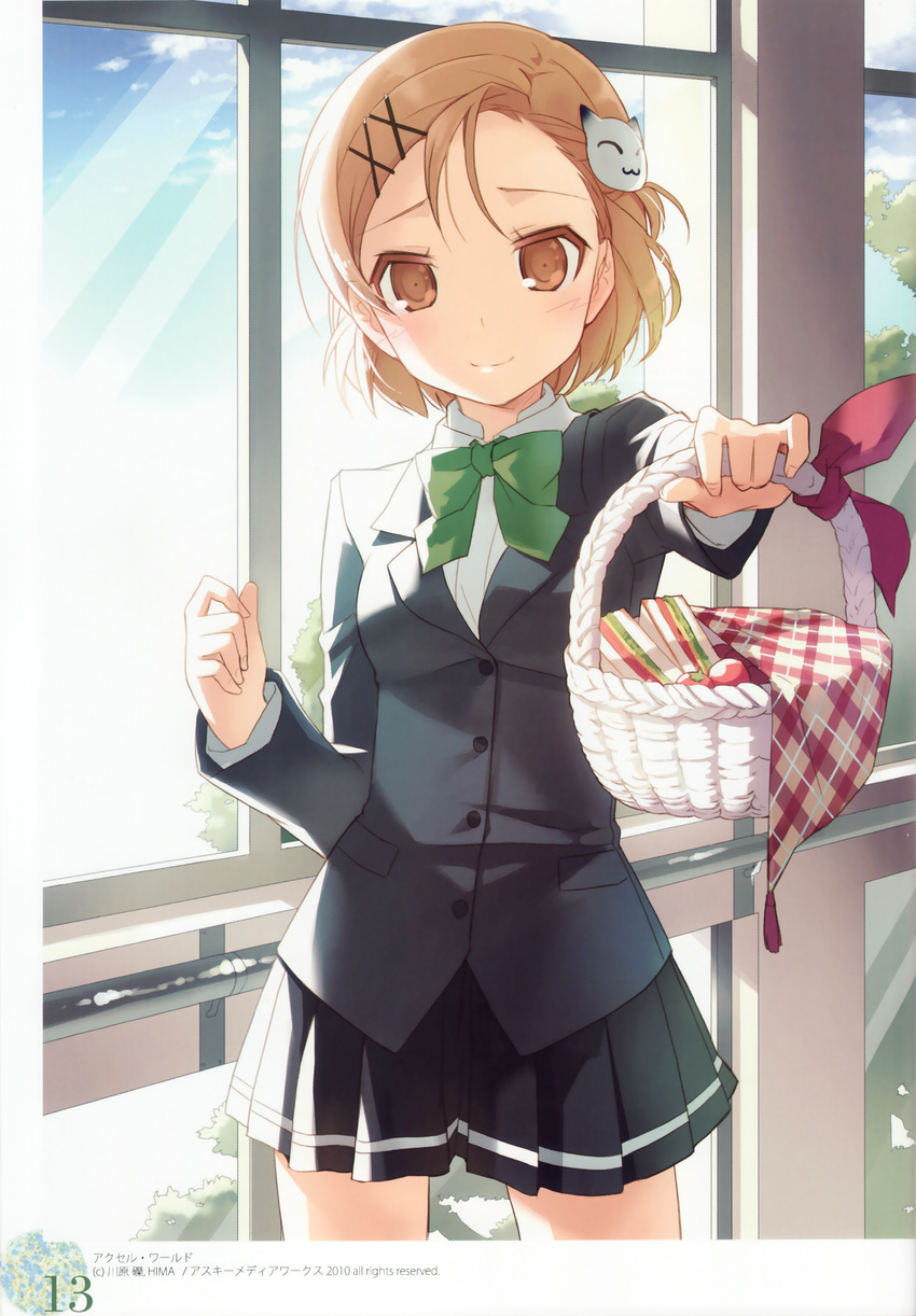 absurdres accel_world basket black_skirt blazer blush bow bowtie brown_eyes brown_hair cat_hair_ornament collared_shirt day food green_bow green_neckwear h2so4 hair_ornament highres holding jacket kurashima_chiyuri long_sleeves looking_at_viewer outdoors outstretched_arm pleated_skirt pov sandwich school_uniform shirt skirt standing tomato vegetable white_shirt