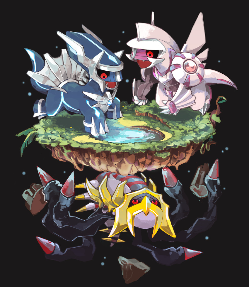 artist_request dialga fangs giratina highres monster nintendo no_humans open_mouth palkia pokemon pokemon_(game) pokemon_dppt red_eyes smile teeth water