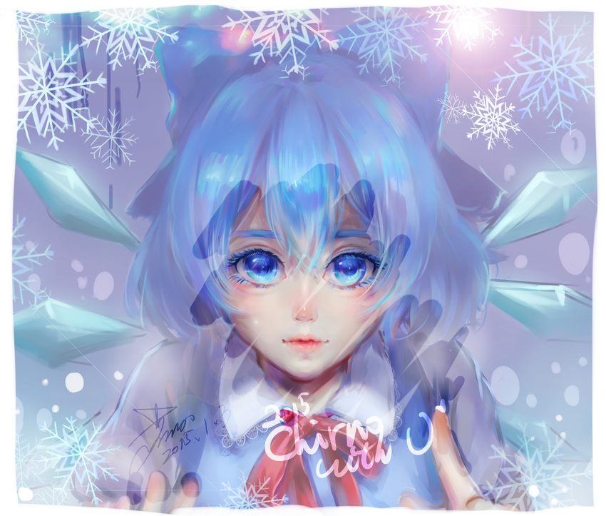 2015 against_glass blue_eyes blue_hair bow character_name cirno collared_shirt dated eyelashes hair_bow highres ice ice_wings index_finger_raised lace-trimmed_collar lens_flare lips looking_at_viewer neck_ribbon nose parted_lips portrait ribbon shest shirt short_hair signature snowflakes solo touhou vest window window_fog wings