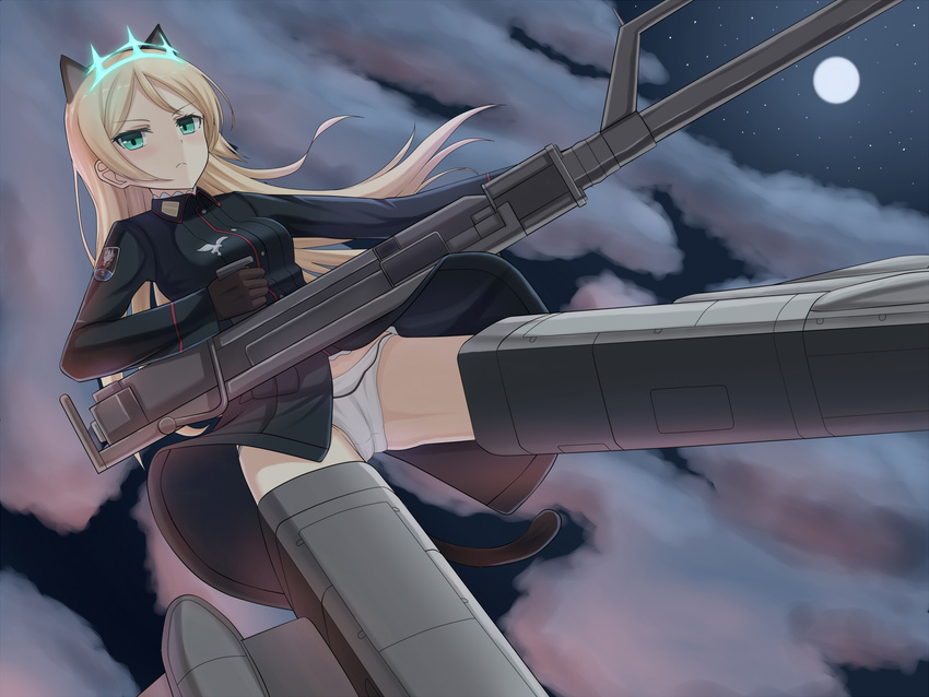 :&lt; animal_ears aqua_eyes blonde_hair blush brown_gloves cameltoe cat_ears cat_tail closed_mouth cloud flying full_moon gloves gun heinrike_prinzessin_zu_sayn-wittgenstein highres hirschgeweih_antennas holding long_hair long_sleeves military military_uniform moon night night_sky noble_witches panties rabochicken sky solo star_(sky) striker_unit tail underwear uniform v-shaped_eyebrows weapon white_panties world_witches_series