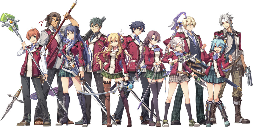 6+boys absurdres alisa_reinford blue_eyes blue_hair crow_armbrust dark_skin eiyuu_densetsu eliot_craig emma_millstein enami_katsumi fie_claussell full_body gaius_worzel glasses green_eyes green_hair gun high_heels highres huge_filesize jusis_albarea laura_s._arzeid machias_regnitz millium_orion multiple_boys multiple_girls official_art rean_schwartzer school_uniform sen_no_kiseki smile sword thighhighs transparent_background weapon