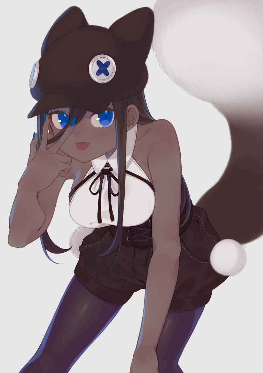 1girl :p black_legwear blue_eyes dark_skin e_draw_paint female hat leaning_forward original shorts solo tail tongue tongue_out wasabi_iii