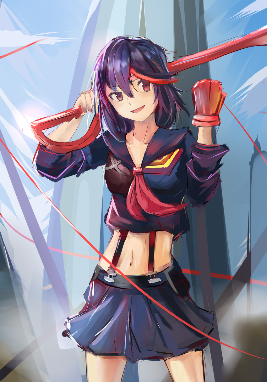 :d absurdres ascot cocked_eyebrow fist_pump h.l. highres kill_la_kill life_fiber looking_at_viewer matoi_ryuuko midriff miniskirt multicolored_hair navel open_mouth over_shoulder paint_(medium) red_eyes scissor_blade senketsu short_hair skirt smile solo streaked_hair weapon weapon_over_shoulder