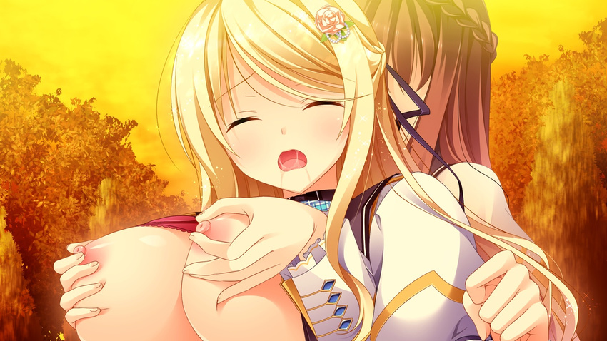 1girl areolae blonde_hair blush bra bra_lift breast_grab breasts breasts_outside brown_hair crossdressing eyes_closed flower game_cg grabbing hair_flower hair_ornament kimishima_ao large_breasts long_hair mitsu_king nipple_tweak nipples open_clothes open_mouth open_shirt otome_ga_kanaderu_koi_no_aria rose shirt trap tsukahara_izumi underwear