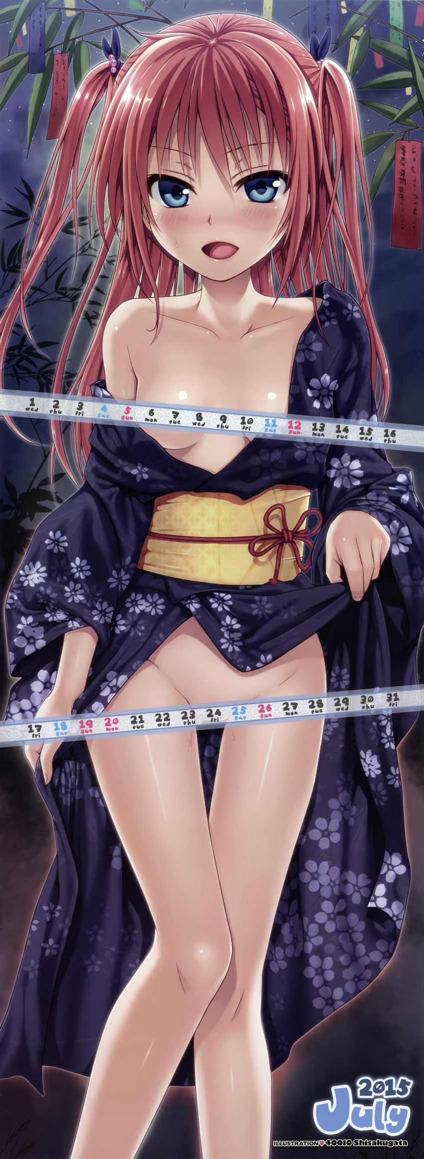 2015 40010prototype :d absurdres blue_eyes blush breasts calendar_(medium) calendar_(object) censored clothes_lift collarbone dengeki_moeou highres japanese_clothes july kimono kimono_lift looking_at_viewer naughty_face no_bra no_panties number off_shoulder open_clothes open_kimono open_mouth pink_hair pussy_juice red_ribbon ribbon scan small_breasts smile standing tanabata tanzaku tassel thigh_gap two_side_up