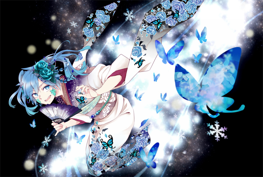 blue_eyes blue_hair bug butterfly ene_(kagerou_project) fan flower hair_flower hair_ornament highres insect japanese_clothes kagerou_project kimono long_hair maiori_00 solo twintails