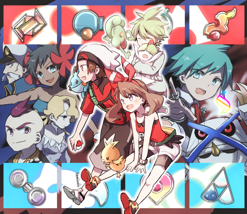 5boys badge balance_badge brown_hair dynamo_badge elite_four fanny_pack feather_badge fuyou_(pokemon) gen_3_pokemon genji_(pokemon) gym_leader_badge hair_ribbon haruka_(pokemon) hat heart heat_badge highres holding holding_poke_ball holding_pokemon kagetsu_(pokemon) knuckle_badge metagross mind_badge mitsuru_(pokemon) mudkip multiple_boys multiple_girls poke_ball poke_ball_(generic) pokemon pokemon_(creature) pokemon_(game) pokemon_oras prim_(pokemon) rain_badge ralts ribbon ryukadomatsu short_hair sidelocks stone_badge torchic treecko tsuwabuki_daigo yuuki_(pokemon)