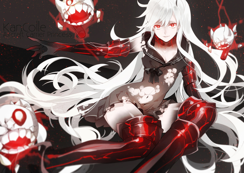 aircraft_carrier_hime arm_support armlet armor armored_boots bad_id bad_pixiv_id black_dress black_footwear black_legwear black_skin blurry boots breasts character_name cleavage copyright_name depth_of_field dress kantai_collection kurisu_takumi large_breasts long_hair looking_at_viewer monster multicolored multicolored_skin no_bra one_side_up pale_skin parted_lips red_eyes sailor_dress shinkaisei-kan short_dress sitting solo thigh_boots thighhighs torn_clothes torn_dress veins very_long_hair white_hair white_skin