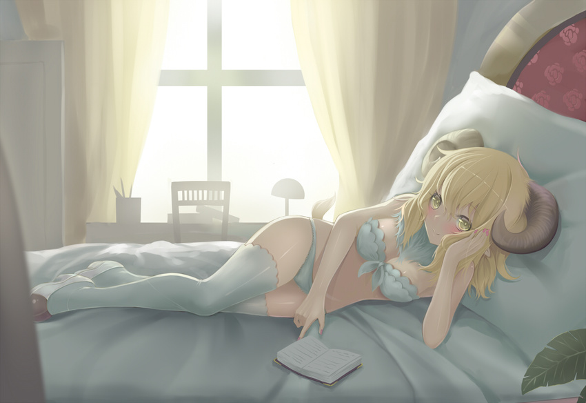 arm_support blonde_hair bow bow_bra bra curtains horns long_hair looking_at_viewer lying on_side original panties pillow sheep_horns shiny shiny_skin smile solo sonikey0_0 thighhighs underwear underwear_only white_bra white_panties window yellow_eyes