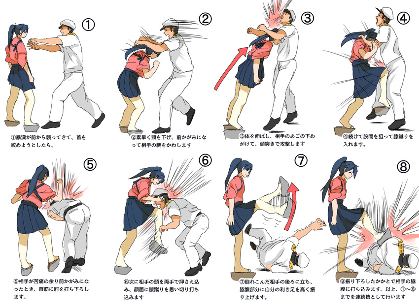 1girl admiral_(kantai_collection) blue_hair character_sheet commentary_request fighting_stance gomio_(bb-k) hat headbutt highres houshou_(kantai_collection) japanese_clothes kantai_collection kicking kimono kimono_skirt military military_uniform pantyhose peaked_cap punching smile translation_request uniform