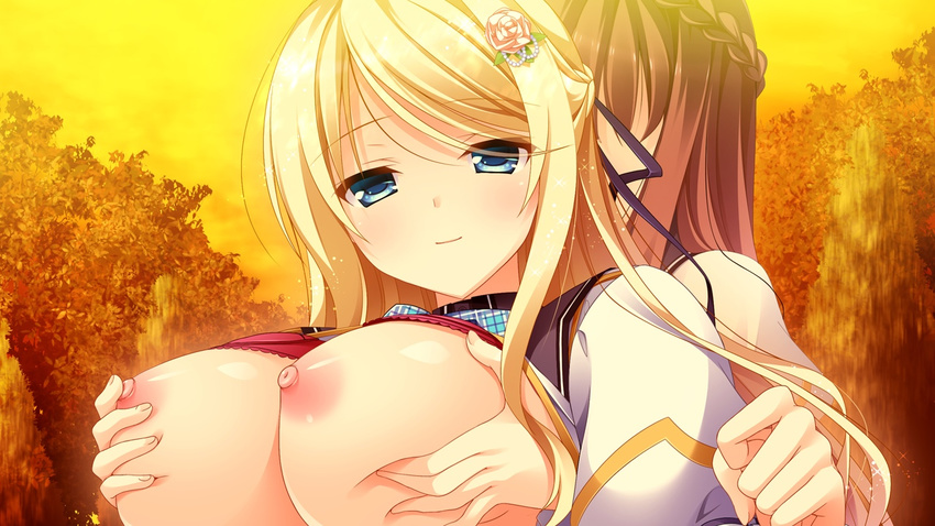 1girl areolae blonde_hair blue_eyes blush bra bra_lift breast_grab breasts breasts_outside brown_hair crossdressing flower game_cg grabbing hair_flower hair_ornament kimishima_ao large_breasts long_hair mitsu_king nipples open_clothes open_shirt otome_ga_kanaderu_koi_no_aria rose shirt trap tsukahara_izumi underwear