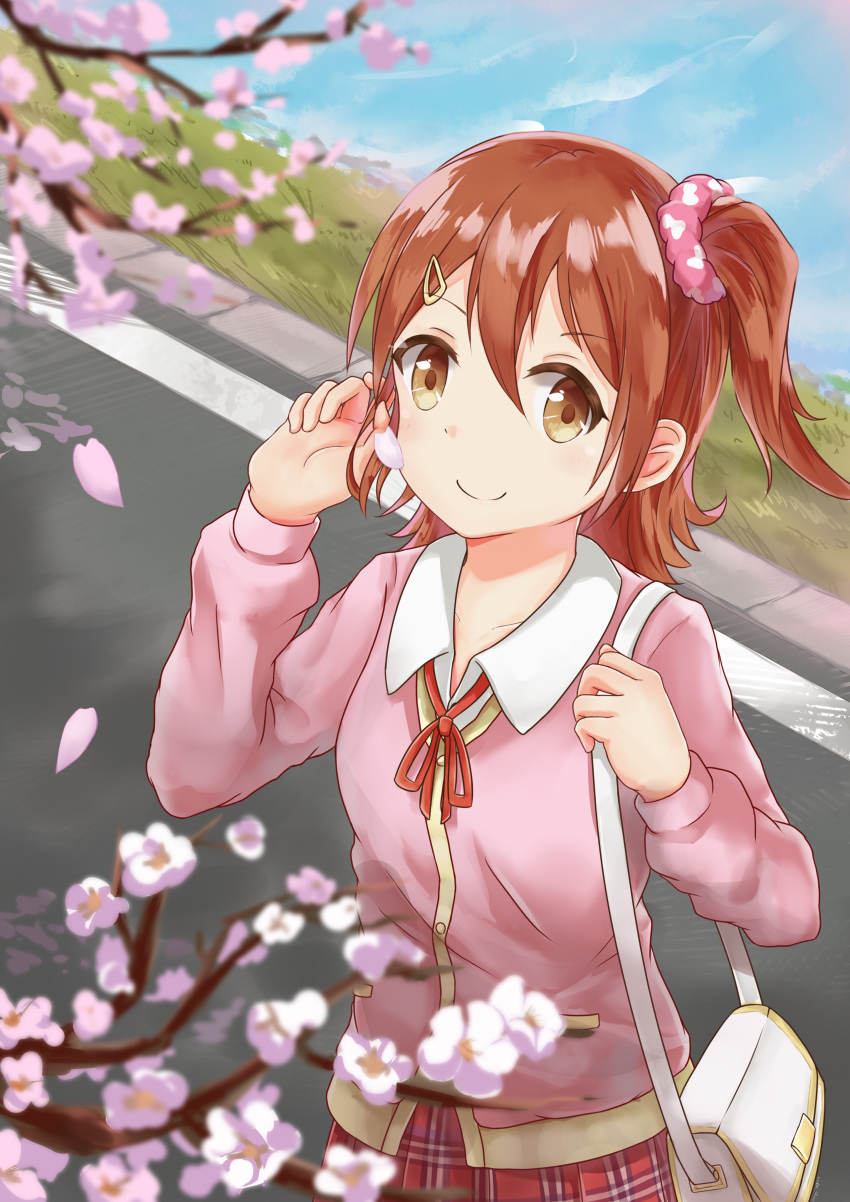 1girl absurdres bag bangs blurry blurry_foreground blush brown_eyes brown_hair cardigan cherry_blossoms closed_mouth collared_shirt commentary day depth_of_field english_commentary eyebrows_visible_through_hair feiyyx flower hair_between_eyes hair_ornament hair_scrunchie hand_up highres idolmaster idolmaster_million_live! kasuga_mirai long_hair neck_ribbon one_side_up outdoors petals pink_cardigan pink_flower pink_scrunchie plaid plaid_skirt pleated_skirt red_ribbon red_skirt ribbon road scrunchie shirt shoulder_bag skirt smile solo tree_branch white_shirt