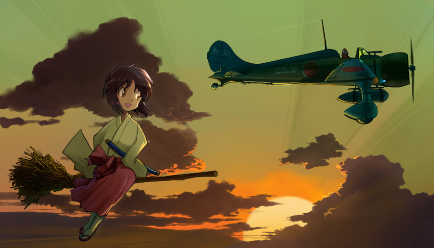 a5m aircraft airplane broom broom_riding brown_eyes brown_hair cloud commentary flying hakama inui_(jt1116) japanese_clothes katana light_rays looking_down new_year open_mouth original pilot red_hakama sandals short_hair sidesaddle sky smile sun sunrise sword weapon world_war_ii