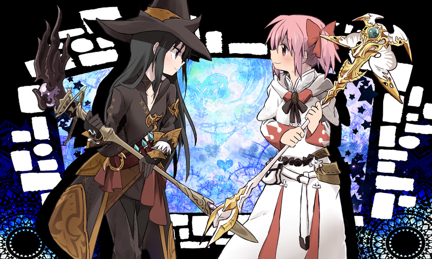 akemi_homura belt_pouch black_hair black_mage black_mage_(cosplay) blue bow cloak cosplay eye_contact final_fantasy final_fantasy_xiv from_side hair_bow hat head_tilt highres holding holding_weapon iwashi_(ankh) kaname_madoka kyubey long_hair looking_at_another mahou_shoujo_madoka_magica multiple_girls pink_hair pocket polearm pouch profile purple_eyes short_hair short_twintails smile standing twintails wand weapon white_mage white_mage_(cosplay) witch_hat
