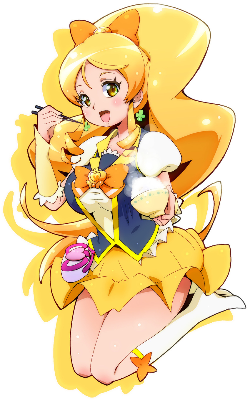 blonde_hair boots bow bowl brooch chopsticks cure_honey earrings full_body green_eyes hair_bow happinesscharge_precure! highres jewelry knee_boots long_hair magical_girl multicolored multicolored_eyes oomori_yuuko precure rice ryuuta_(cure_ryuuta) sidelocks skirt smile solo steam white_footwear wrist_cuffs yellow_eyes yellow_skirt