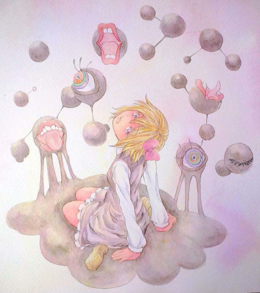 blonde_hair bow dress eyes graphite_(medium) hair_bow highres looking_at_viewer looking_back looking_up mouth muted_color open_mouth red_eyes rumia short_hair sitting solo texture tongue touhou traditional_media wariza watercolor_(medium) yuyu_(00365676)