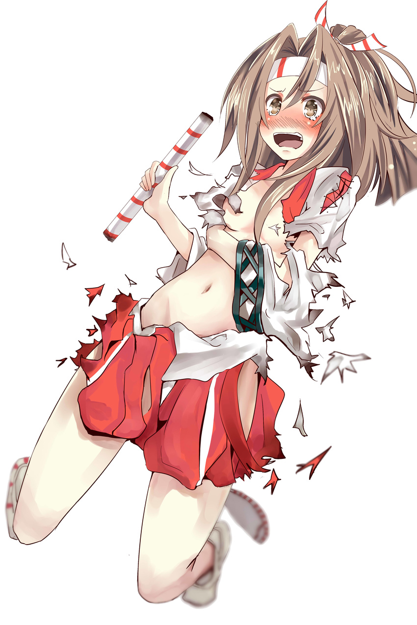 absurdres breasts brown_eyes brown_hair collarbone dutch_angle embarrassed exploding_clothes full_body groin hachimaki headband highres holding kantai_collection kneeling looking_at_viewer navel open_mouth shinta_(the-mattyaman) shirt simple_background skirt small_breasts solo torn_clothes torn_shirt torn_skirt wavy_mouth white_background zuihou_(kantai_collection)