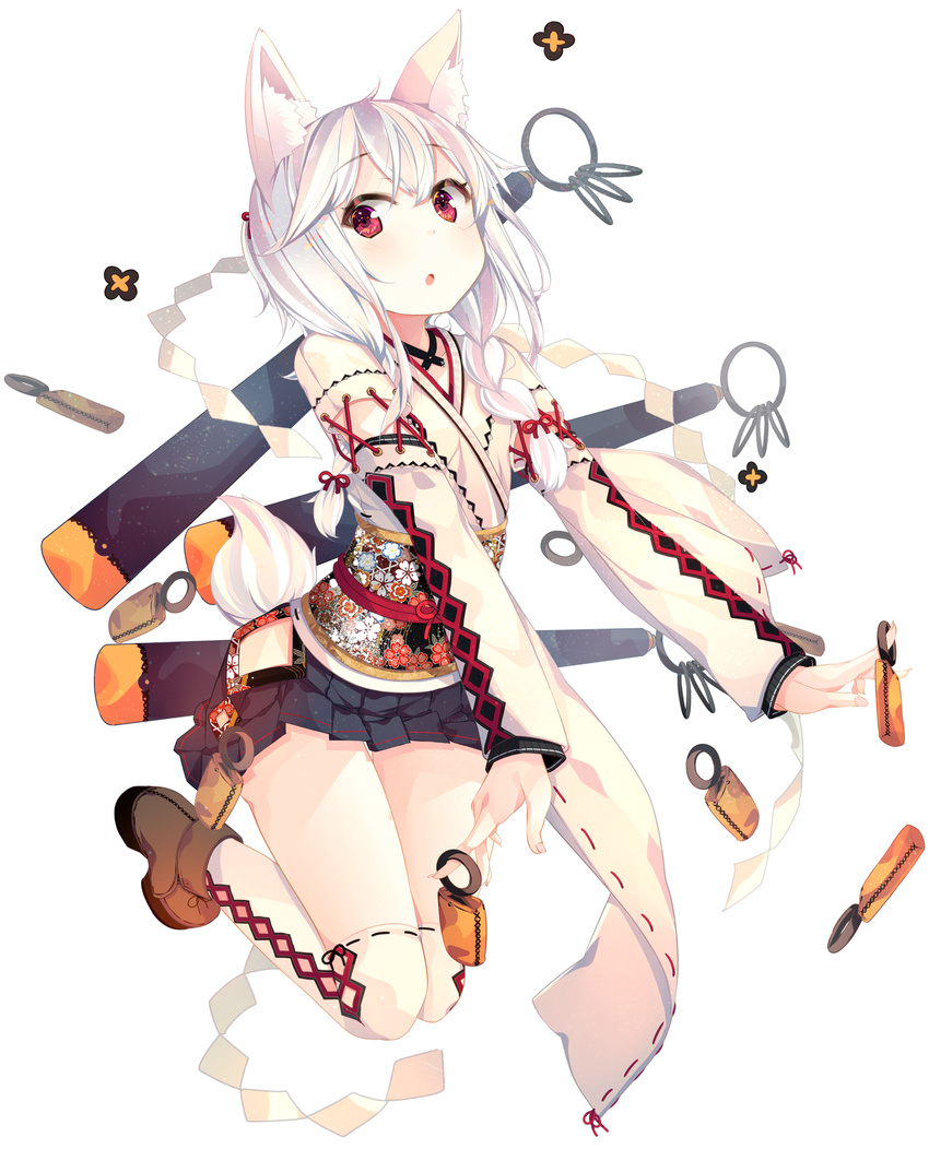 animal_ears benio_(dontsugel) bow braid fox_ears fox_tail hair_bow hair_ribbon highres long_hair looking_at_viewer original pleated_skirt red_eyes ribbon single_braid skirt solo tail white_hair