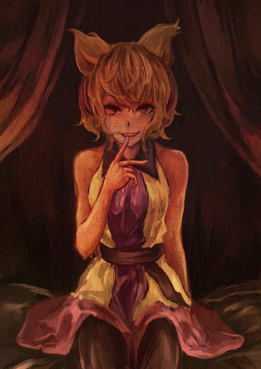 bad_id bad_pixiv_id bed bed_sheet black_legwear brown_hair curtains finger_to_mouth highres lips looking_at_viewer mitsubaseri on_bed pantyhose short_hair sitting sitting_on_bed sleeveless smile solo teeth touhou toyosatomimi_no_miko yellow_eyes