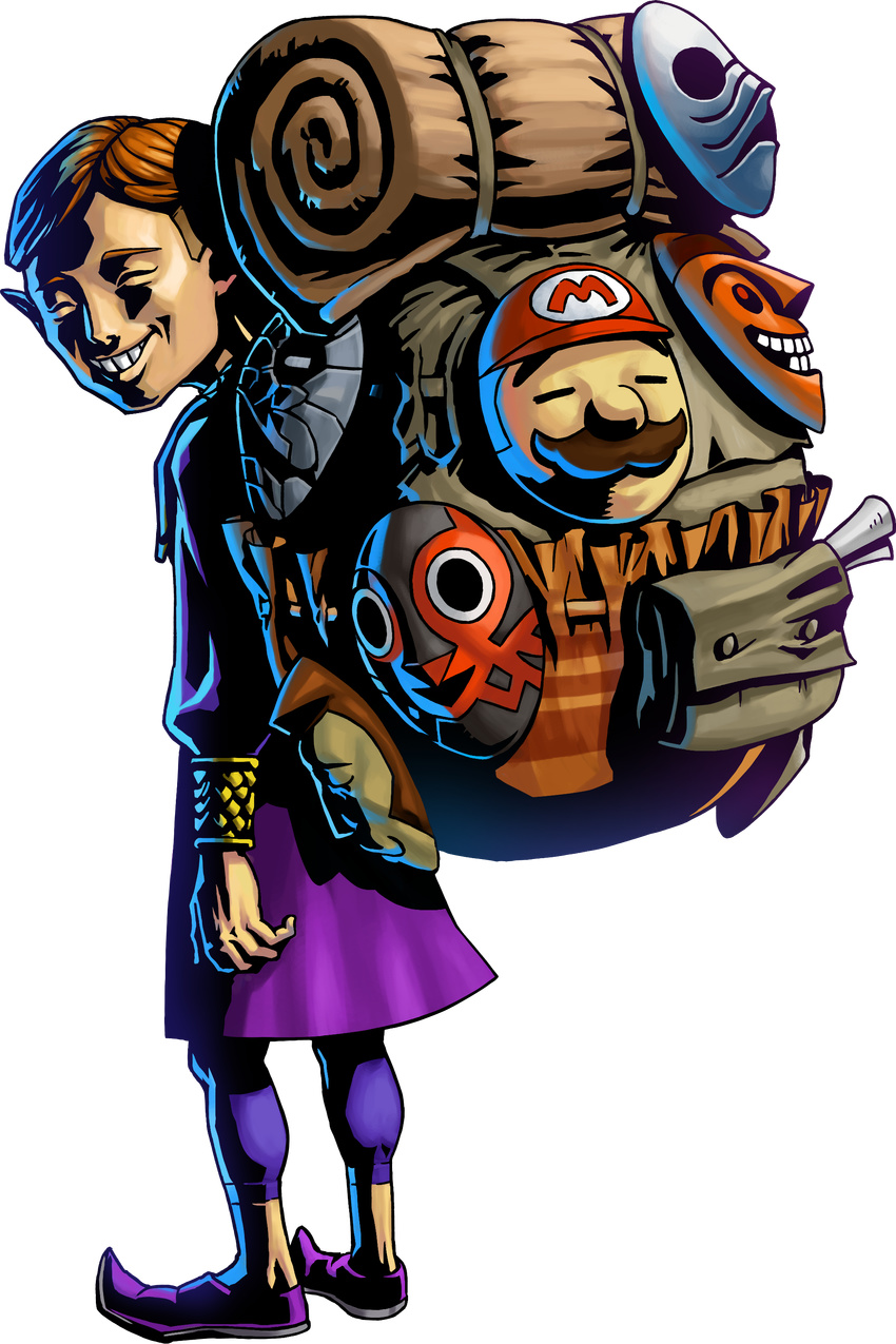 1boy backpack bag brown_hair eyes_closed happy_mask_salesman highres majora's_mask male male_focus mario mask official_art pointy_ears super_mario_bros. the_legend_of_zelda the_legend_of_zelda:_majora's_mask