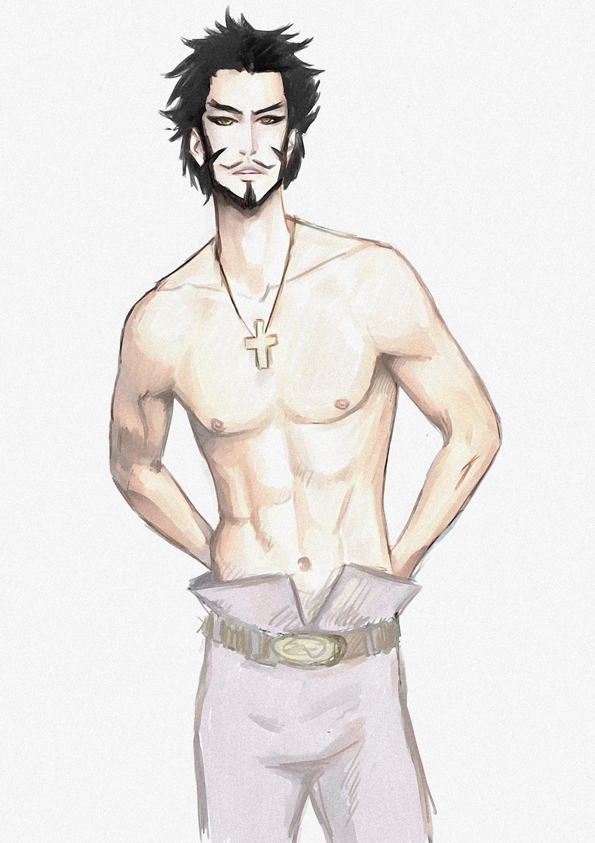 1boy black_hair chinstrap dracule_mihawk highres male male_focus necklace one_piece shichibukai solo topless yellow_eyes