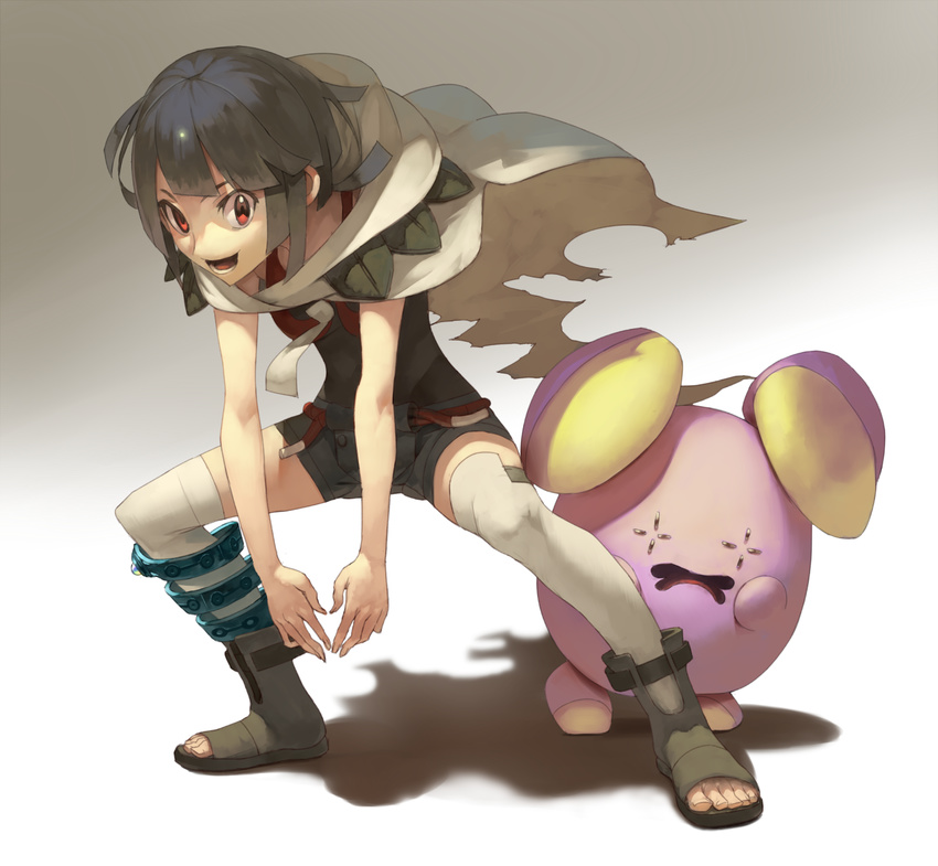 black_hair cape gen_3_pokemon higana_(pokemon) highres horizon_(sushi0126) hunched_over looking_at_viewer open_mouth pokemon pokemon_(creature) pokemon_(game) pokemon_oras red_eyes sandals short_hair smile thighhighs whismur