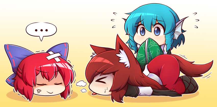 &gt;_&lt; anger_vein animal_ear_fluff animal_ears bandages blue_eyes blue_hair blush bow brown_hair closed_eyes commentary disembodied_head dress grass_root_youkai_network hair_bow head_fins imaizumi_kagerou japanese_clothes kimono long_hair long_sleeves mermaid monster_girl multiple_girls red_hair sekibanki short_hair simple_background tail tongue tongue_out touhou wakasagihime wolf_ears wolf_tail wool_(miwol)