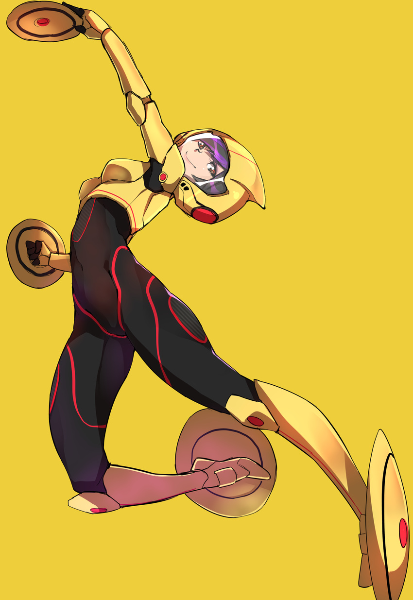 absurdres arched_back big_hero_6 black_hair bodysuit breastplate breasts brown_eyes covered_navel full_body gogo_tomago helmet highlights highres makai medium_breasts multicolored_hair neon_trim power_suit purple_hair quadruple_wielding shield short_hair smile solo yellow_background