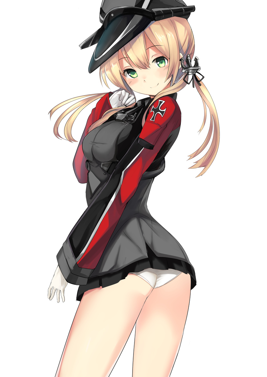 absurdres anchor_hair_ornament ass blonde_hair blush flat_ass gloves green_eyes haik hair_ornament hat highres iron_cross kantai_collection long_hair looking_at_viewer military military_uniform panties peaked_cap prinz_eugen_(kantai_collection) simple_background skirt smile solo twintails underwear uniform white_background white_gloves white_panties