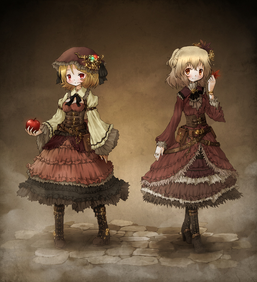 aki_minoriko aki_shizuha apple arinu autumn_leaves belt belt_boots blonde_hair boots brown_footwear corset cross-laced_footwear dress embellished_costume food fruit full_body hair_ornament highres juliet_sleeves lace-up_boots layered_dress leather leather_boots long_sleeves looking_at_viewer mat multiple_belts multiple_girls puffy_sleeves red_dress red_eyes siblings sisters smile steampunk touhou