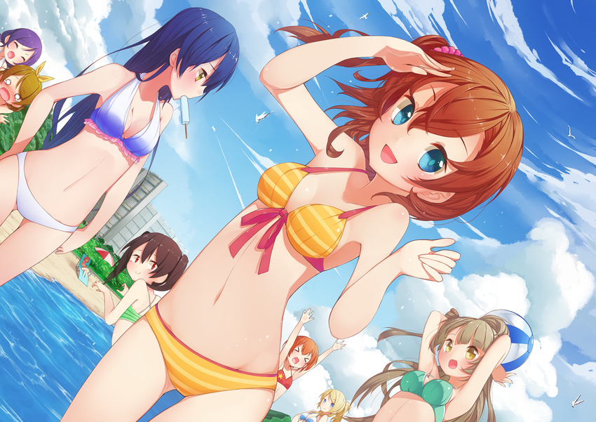 &gt;_&lt; :d ^_^ ^o^ arms_up ayase_eli ball beach beach_chair beach_towel beach_umbrella beachball bikini bird blue_sky breasts closed_eyes cloud collarbone day dutch_angle evil_smile falling food green_bikini groin halterneck highres hoshizora_rin ice_cream koizumi_hanayo kousaka_honoka looking_back love_live! love_live!_school_idol_project medium_breasts midriff minami_kotori multiple_girls natsuiro_egao_de_1_2_jump! navel neko7 nishikino_maki o_o ocean open_mouth outdoors outstretched_arms popsicle sand sky small_breasts smile sonoda_umi splashing standing striped striped_bikini swimsuit toujou_nozomi towel umbrella water wince xd yazawa_nico