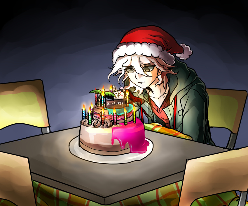 cake candle candlelight chair christmas danganronpa food green_eyes hat komaeda_nagito kotatsu lonely monomi_(danganronpa) santa_hat super_danganronpa_2 table tezurumozuru white_hair