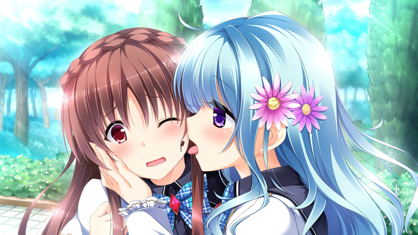 1boy 1girl blue_hair blush brown_hair crossdressing flower game_cg hair_flower hair_ornament highres jogasaki_kanade kimishima_ao licking long_hair mitsu_king open_mouth otome_ga_kanaderu_koi_no_aria purple_eyes red_eyes tongue tongue_out trap tsukahara_izumi wince zinno