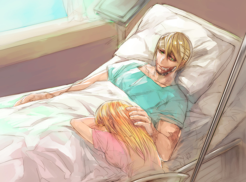 1girl adolf_reinhardt bandages bed blanket blonde_hair eva_frost good_end green_eyes highres long_hair osatoumizu petting pillow scar short_hair sleeping terra_formars