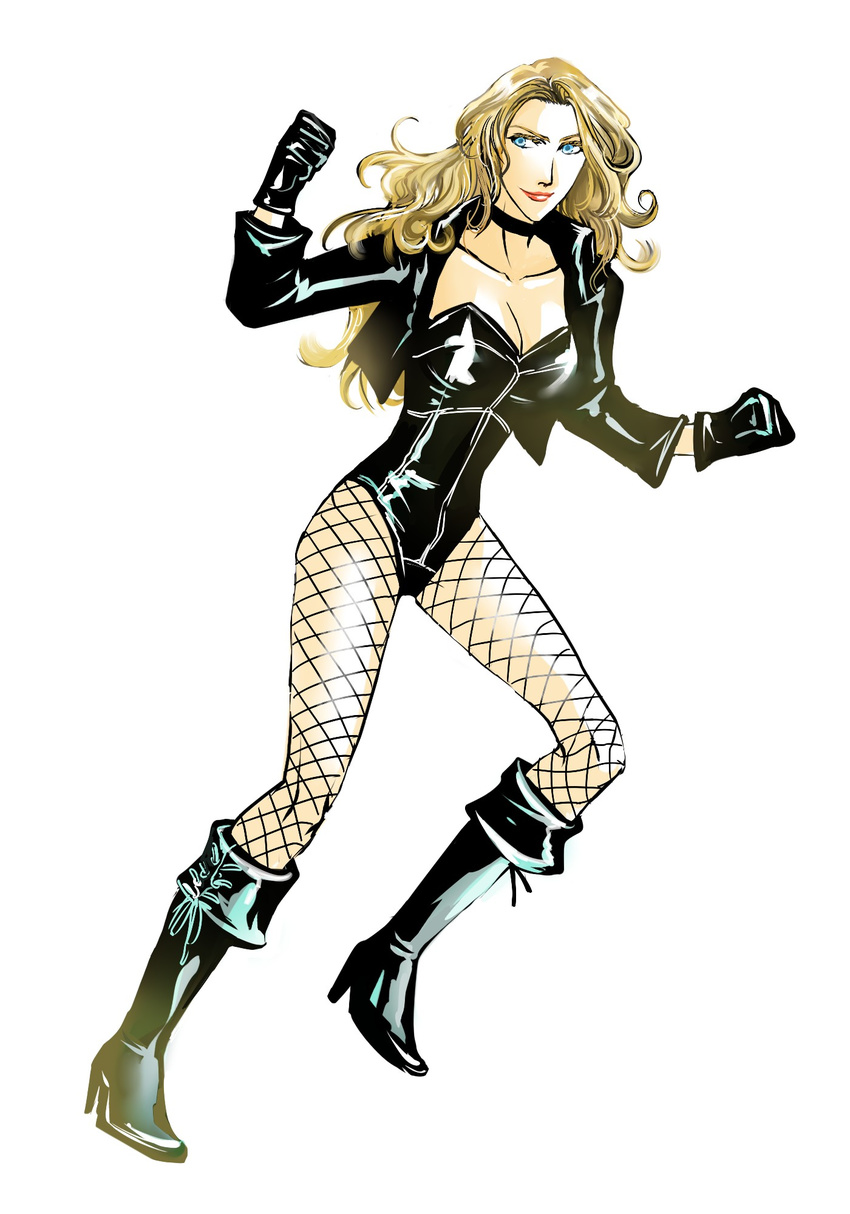 1girl black_canary blonde_hair blue_eyes boots dc_comics fishnets full_body gloves jacket leotard petri simple_background solo white_background