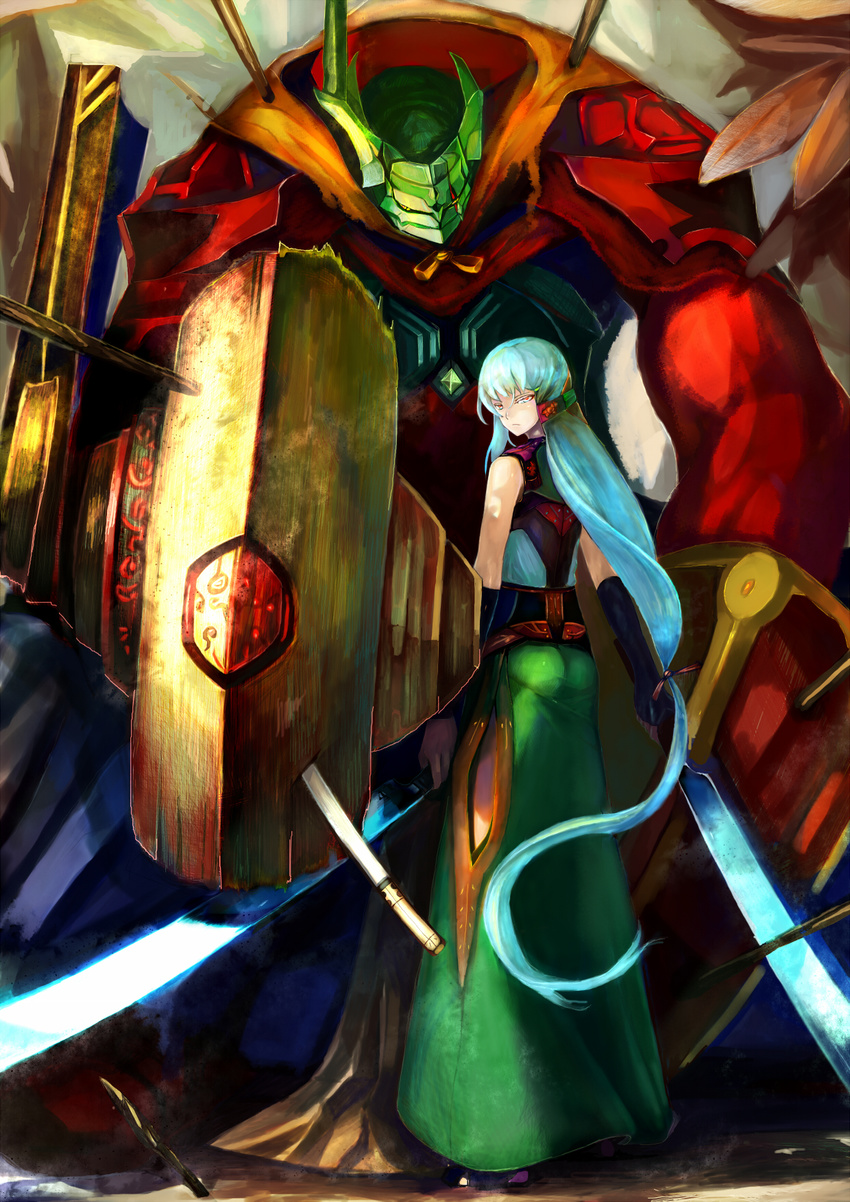 highres jinichi long_hair low-tied_long_hair original shield sword very_long_hair weapon