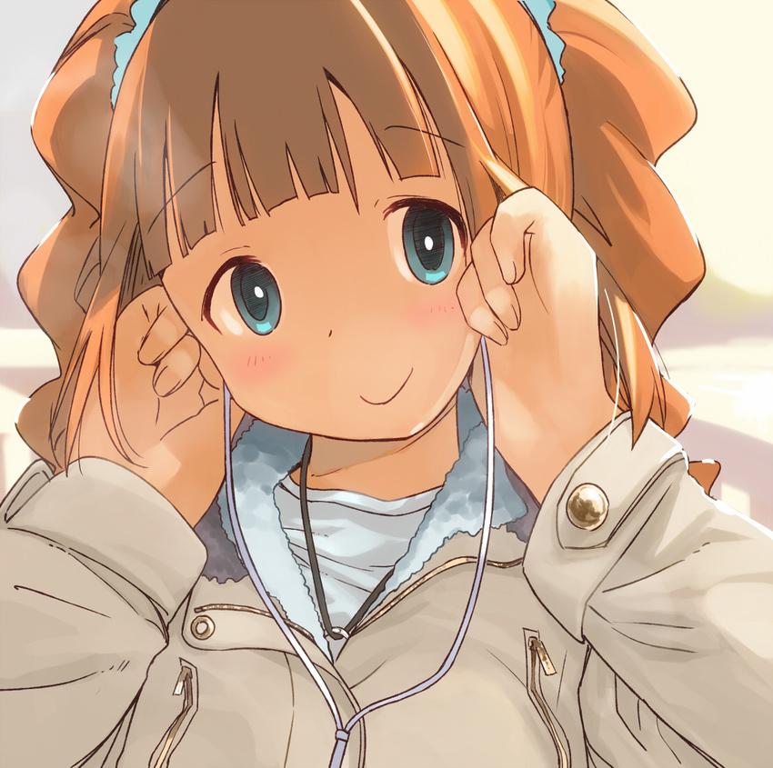 blue_eyes brown_hair idolmaster idolmaster_(classic) kanikani_(juicy) looking_at_viewer smile solo takatsuki_yayoi twintails