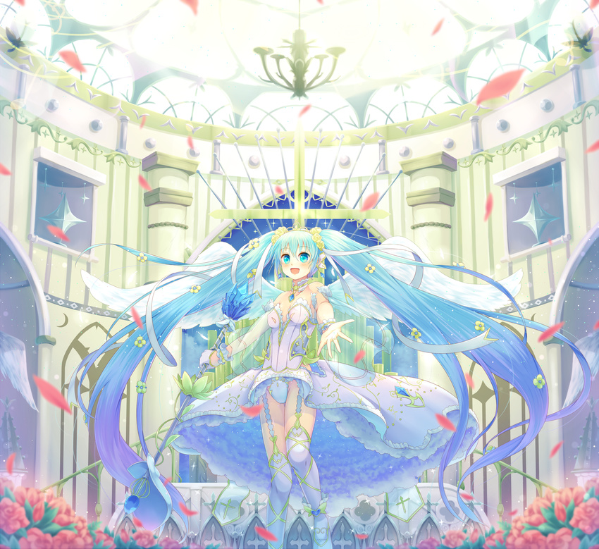 :d aqua_eyes aqua_hair bare_shoulders dress garter_straps hatsune_miku highres long_hair open_mouth sakakidani see-through smile solo strapless strapless_dress thighhighs twintails very_long_hair vocaloid wings