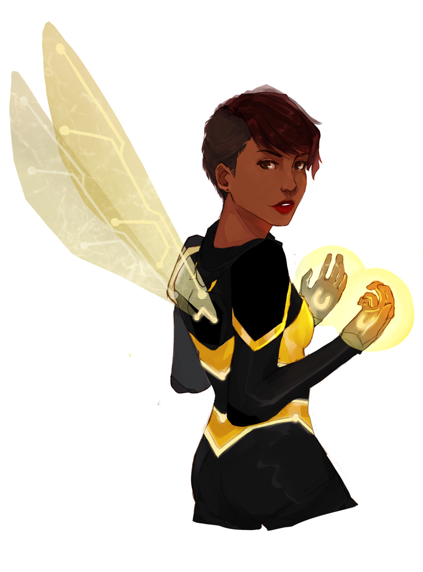 bee_costume bodysuit brown_eyes brown_hair bumble_bee dark_skin dc_comics glow glowing insect_wings karen_beecher lipstick makeup neon_trim over_shoulder parted_lips short_hair simple_background solo superhero white_background wings young_justice:_invasion