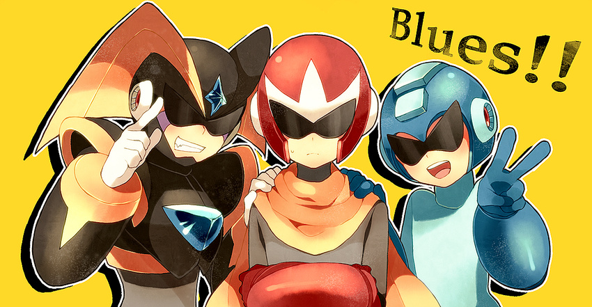 3boys android blues_(rockman) character_name english forte_(rockman) frown grin helmet multiple_boys pink_usagi rockman rockman_(character) scarf simple_background smile sunglasses sweatdrop yellow_background yellow_backgrouns