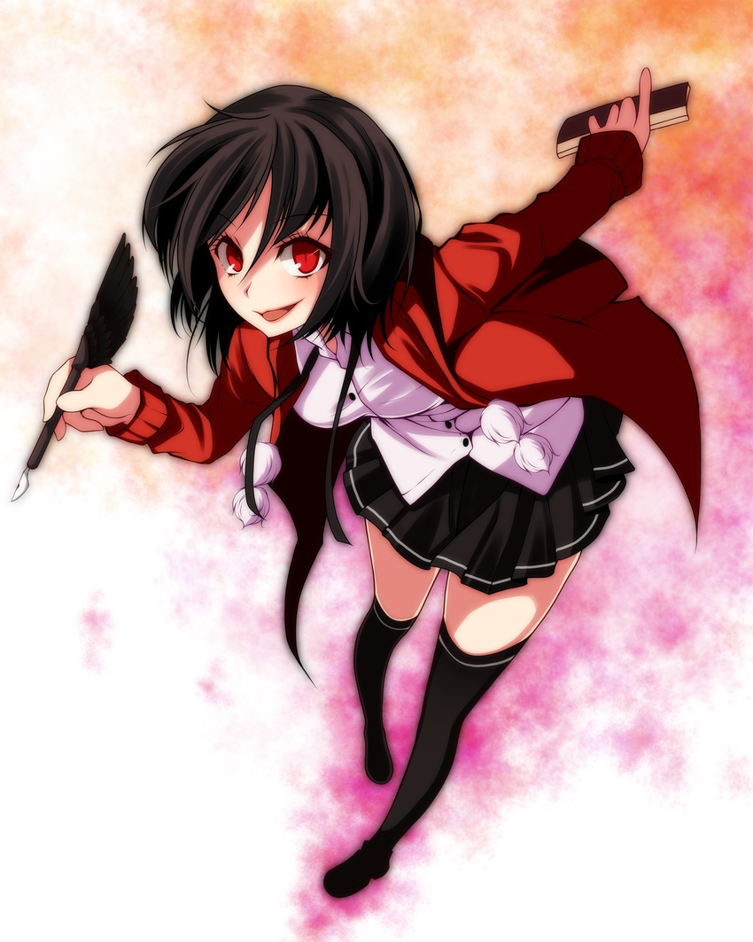 alternate_costume bad_id bad_pixiv_id black_hair black_legwear black_skirt feathers highres looking_at_viewer no_hat no_headwear red_eyes s-syogo shameimaru_aya short_hair skirt smile solo thighhighs touhou zettai_ryouiki