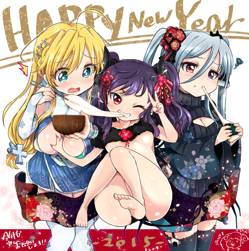 3girls blonde_hair blue_eyes breast_grab breasts chopsticks cleavage cleavage_cutout cross demon_horns demon_tail food girl_sandwich grabbing grin happy_new_year heterochromia highres horns kamiya_zuzu kotoyoro large_breasts looking_at_viewer meme_attire mochi mouth_hold multiple_girls new_year nori_(seaweed) one_eye_closed open-chest_sweater original panties purple_eyes purple_hair red_eyes ribbed_sweater sandwiched silver_hair smile sweater tail thighhighs turtleneck twintails underwear white_legwear wings