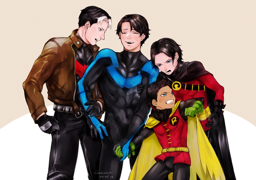 4boys angry batman_(series) belt black_hair blue_eyes bodysuit brothers cape damian_wayne dark_skin dc_comics dick_grayson eyes_closed family gauntlets glare glaring gloves jacket jason_todd male_focus multicolored_hair multiple_boys nightwing red_hood red_hood_(dc) red_robin robin_(dc) siblings simple_background smile tim_drake two-tone_hair