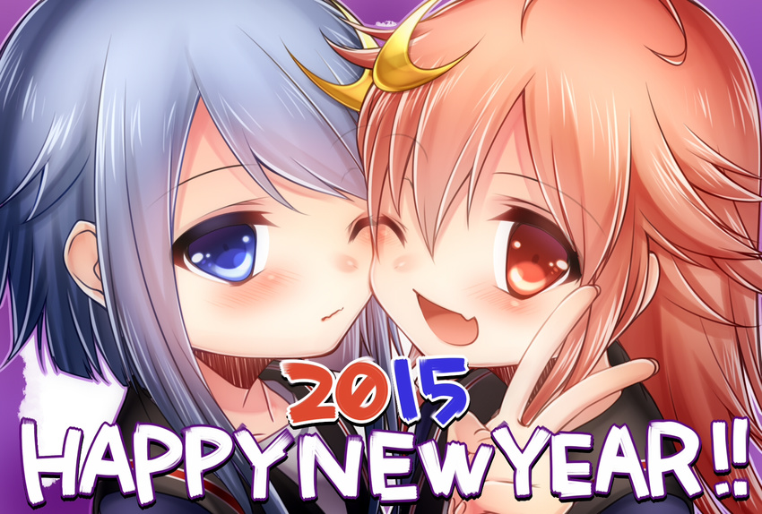 2girls ;d bad_id bad_pixiv_id blue_eyes blue_hair blush crescent crescent_hair_ornament fang hair_ornament happy_new_year highres kantai_collection long_hair multiple_girls new_year one_eye_closed open_mouth red_eyes red_hair rom short_hair_with_long_locks smile uzuki_(kantai_collection) v yayoi_(kantai_collection)